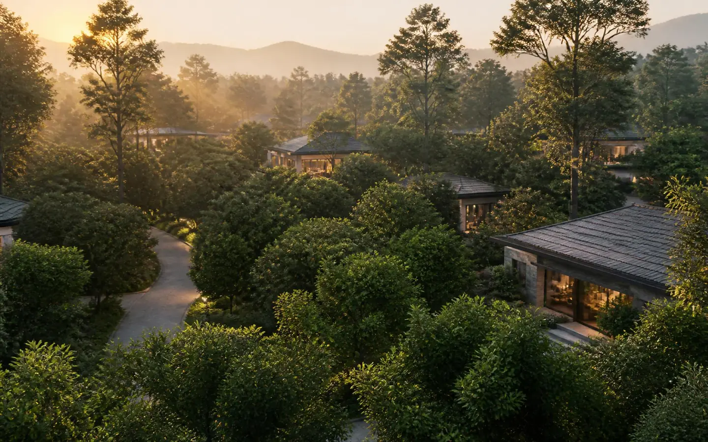 Mature trees and low-rise residences at Cloud Forest, Whitefield